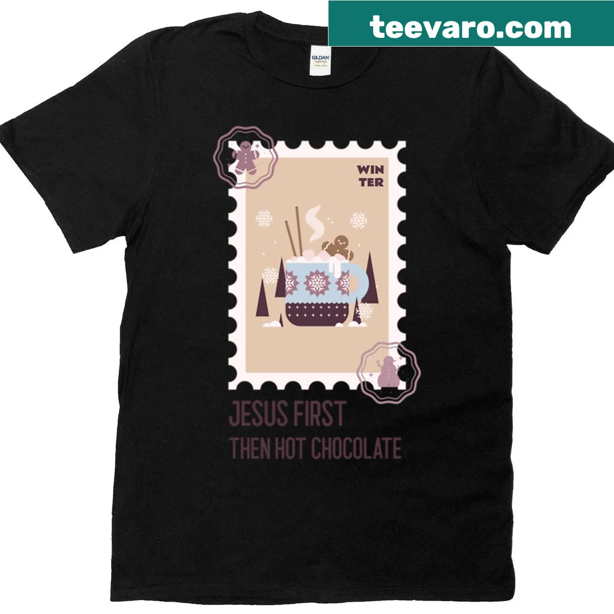 Christmas T-shirt with 'Jesus First Then Hot Chocolate' text — on a men's t-shirt