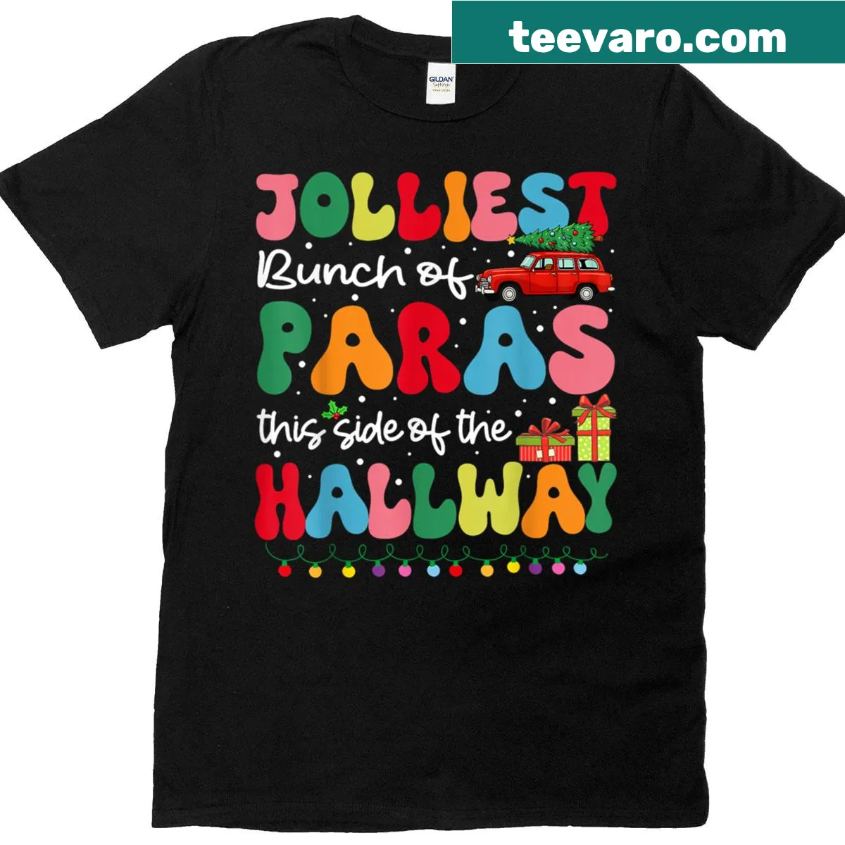 Funny Christmas T-shirt with Jolliest Bunch Of Paras text — on a men's t-shirt