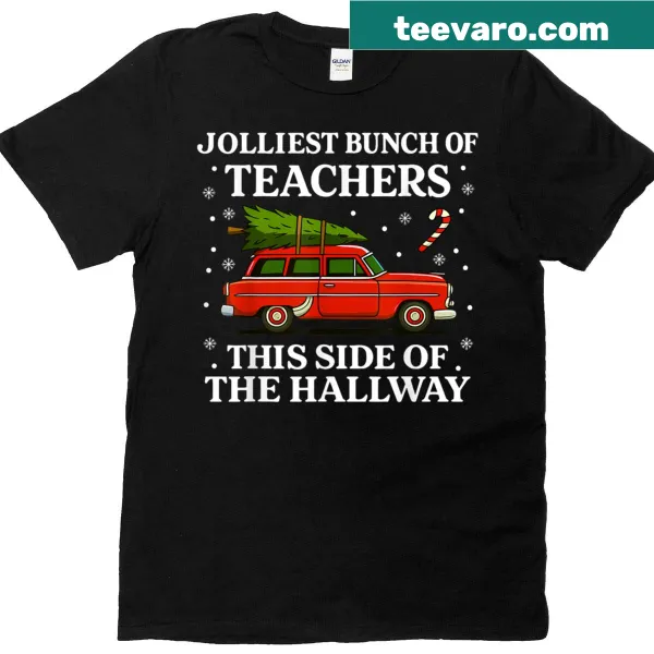 Funny Christmas T-shirt for teachers with 'Jolliest Bunch Of Teachers' text