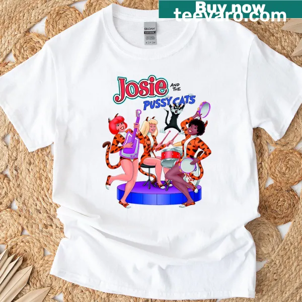 Illustration of Josie and the Pussycats on a rock-themed T-shirt