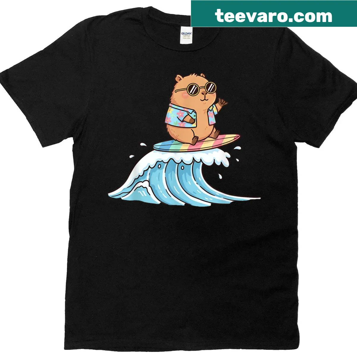 Kawaii capybara catching a wave T-shirt for kids — on a men's t-shirt