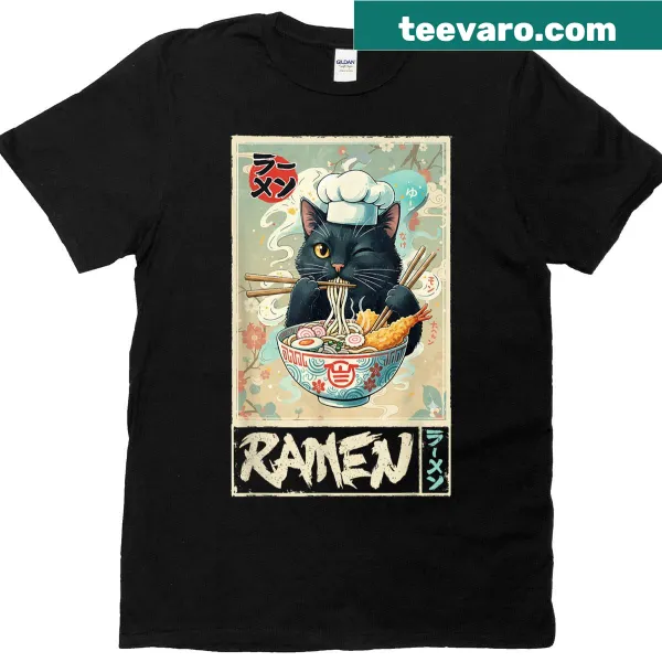 Kawaii cat eating ramen noodles illustrated t-shirt for girls