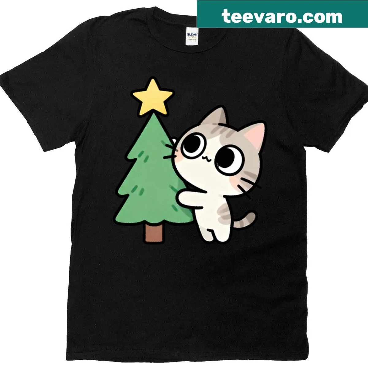 Kawaii kitten decorating a Christmas tree t-shirt — on a men's t-shirt