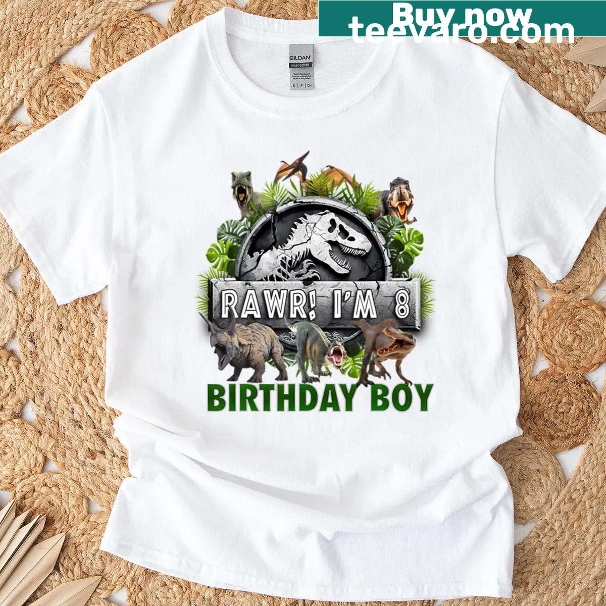 Illustration of a T-Rex with text celebrating an 8th birthday — on a men's t-shirt