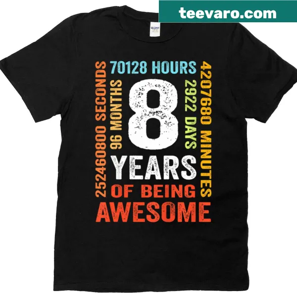 Vintage-style T-shirt celebrating an 8th birthday with fun text