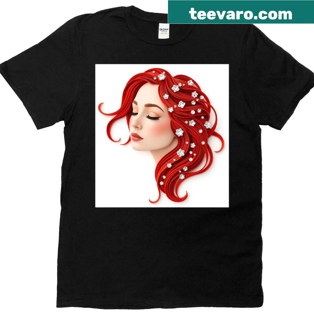 Illustrated silhouette of a lady with flowing red hair — on a men's t-shirt