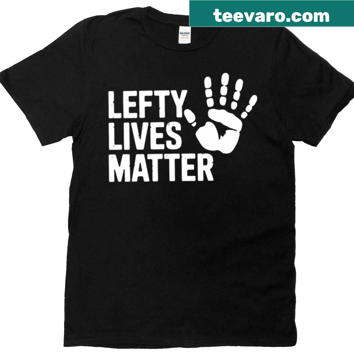 Funny t-shirt celebrating left-handed people with humorous text — on a men's t-shirt