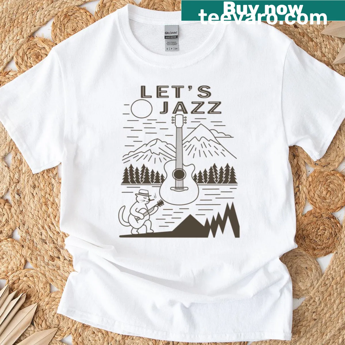 Vintage line art of a cat musician on T-shirt — on a men's t-shirt