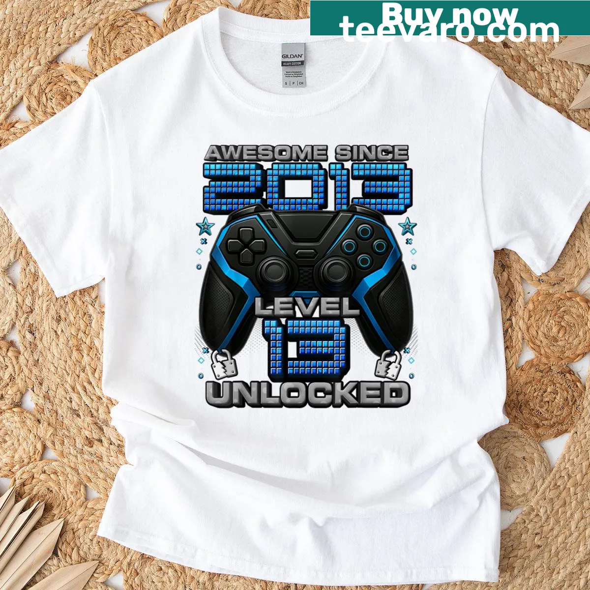 Gaming birthday shirt with 'Level 13 Unlocked Awesome Since 2013' text — on a men's t-shirt