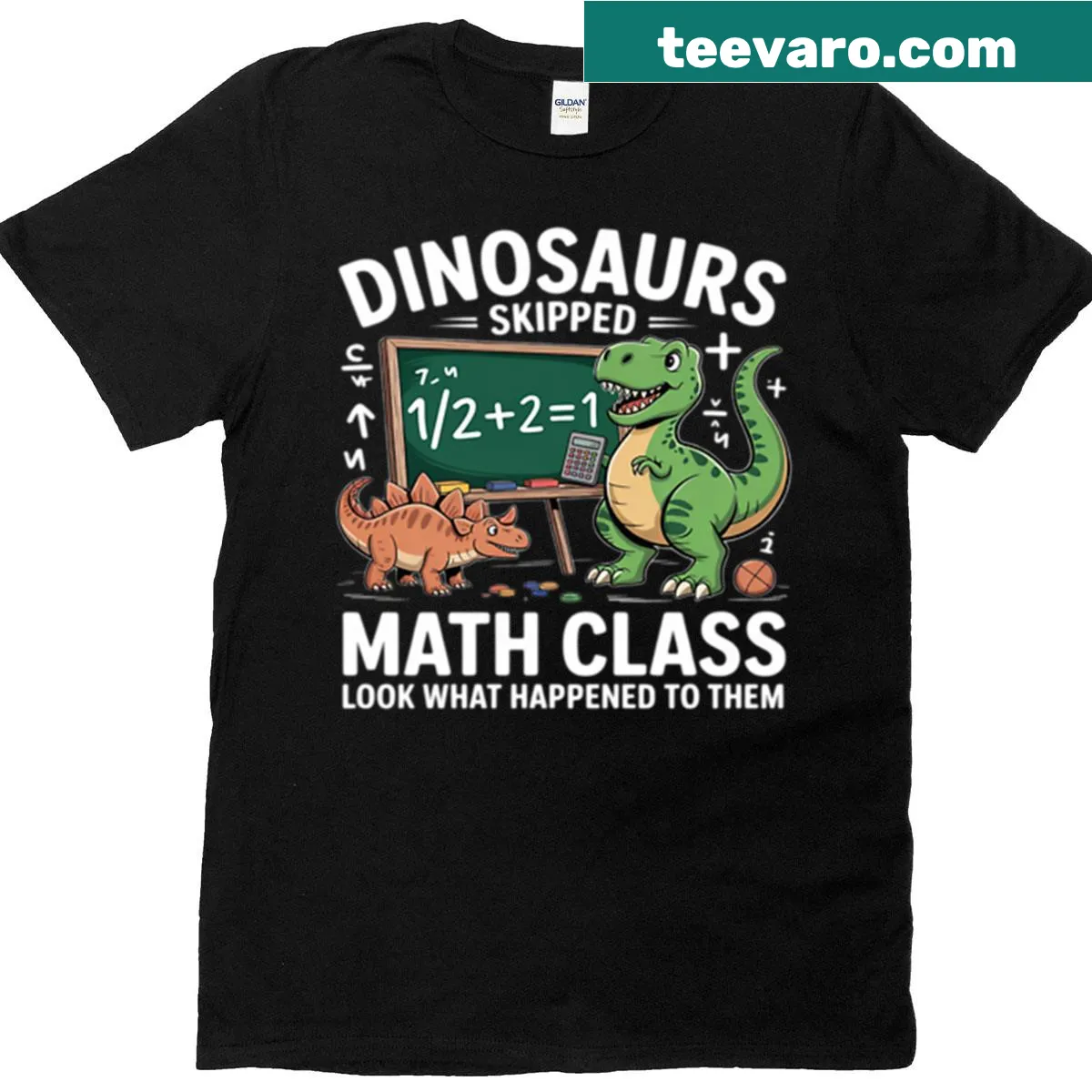 Funny math teacher T-shirt with dinosaurs avoiding math class illustration — on a men's t-shirt