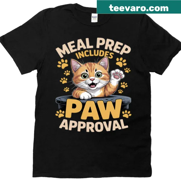 Whimsical meal prep t-shirt with paw prints and humorous text