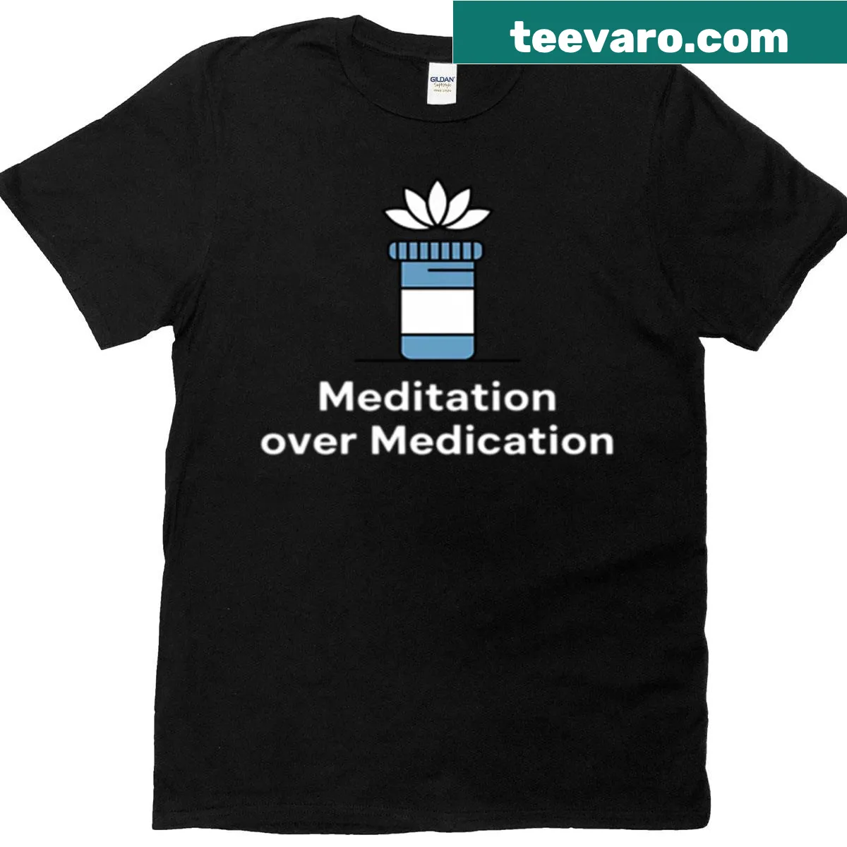 Illustrated lotus flower with the text 'Meditation Over Medication' — on a men's t-shirt