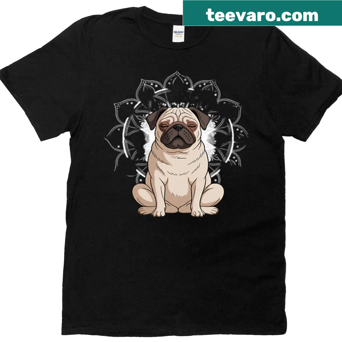 Pug in a meditative pose with Buddha theme on t-shirt — on a men's t-shirt