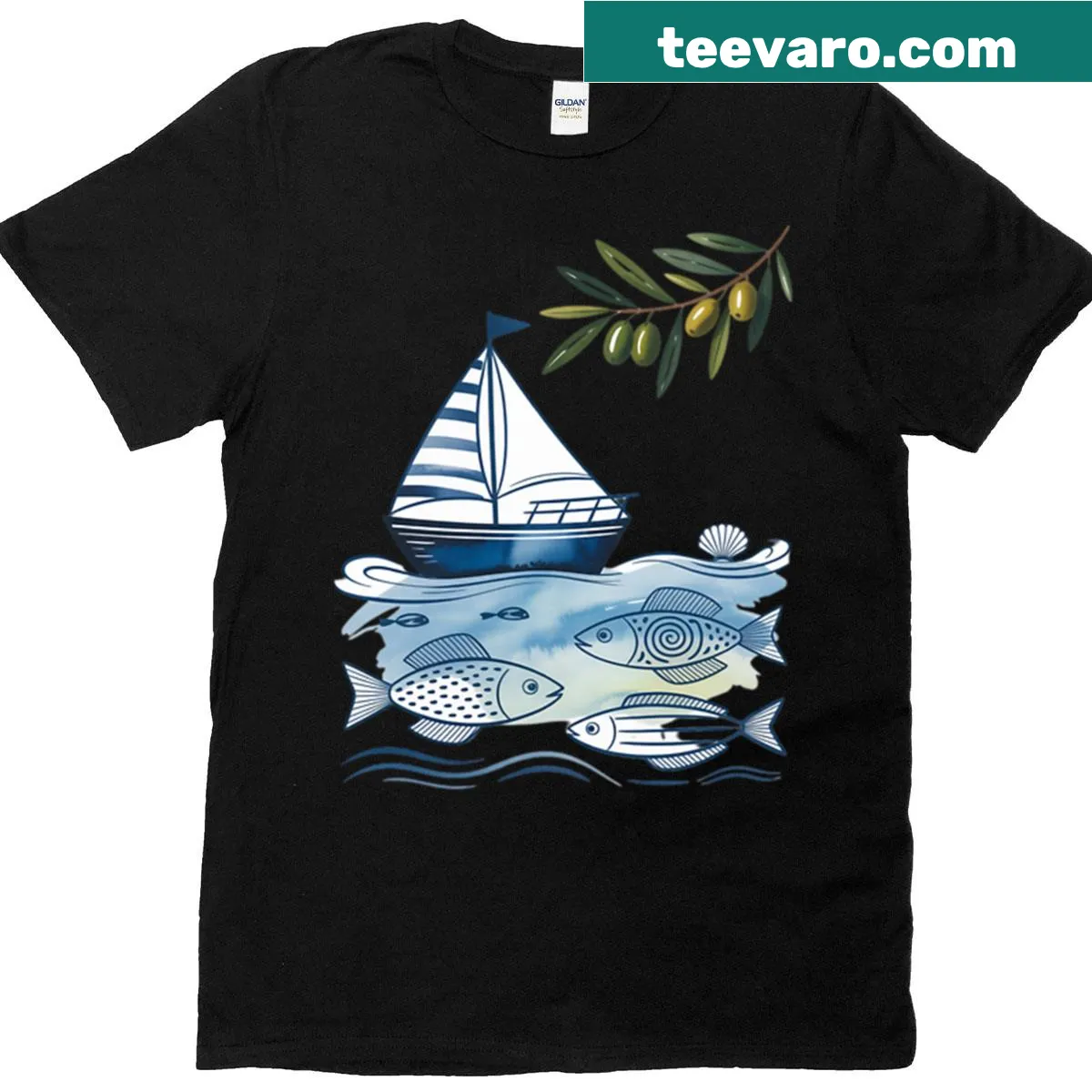 Illustrated t-shirt featuring sardines and sailboats in a Mediterranean collage — on a men's t-shirt