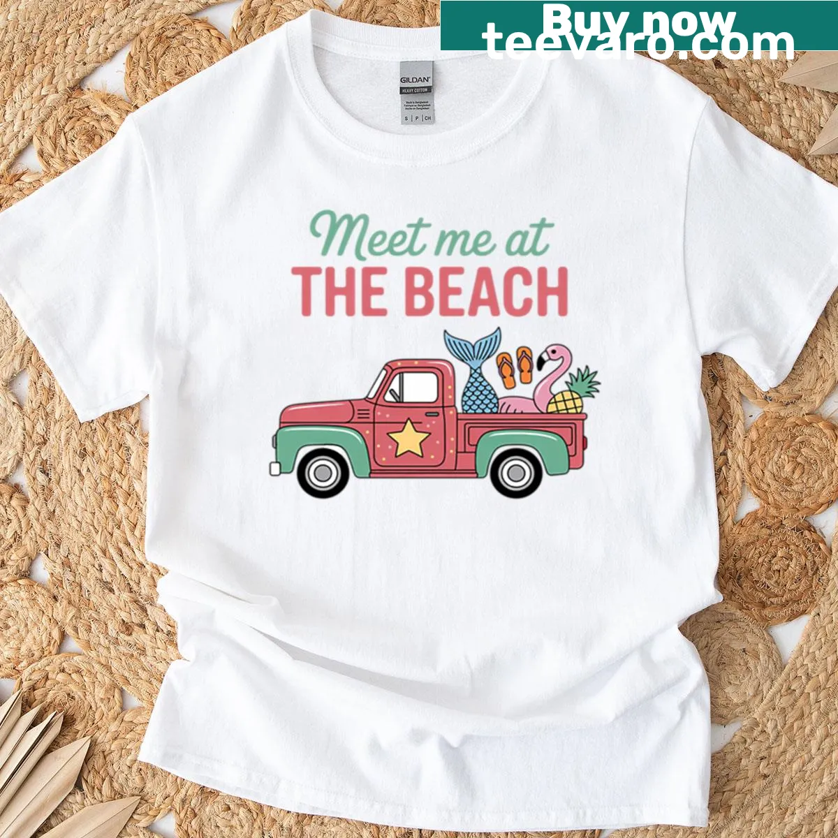 Beach-themed graphic with mermaid, flamingo, and pineapple on a truck — on a men's t-shirt