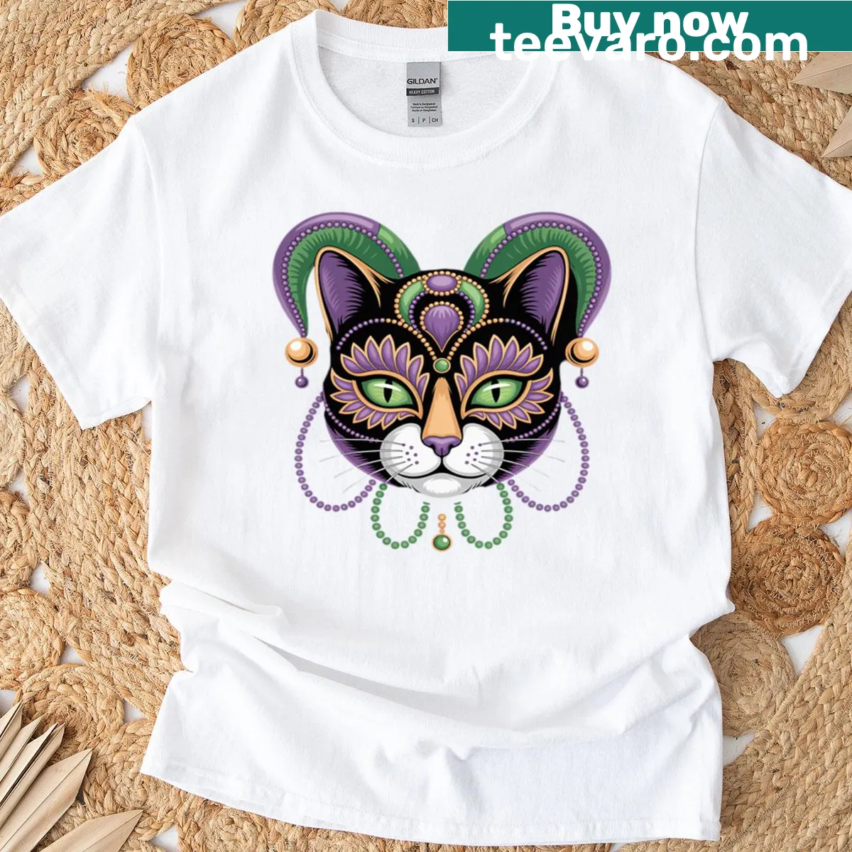 Fun cat-themed Mardi Gras T-shirt with masks and beads — on a men's t-shirt