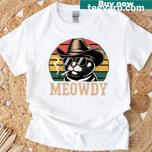 Playful cowboy cat graphic with 'Meowdy Partner' text