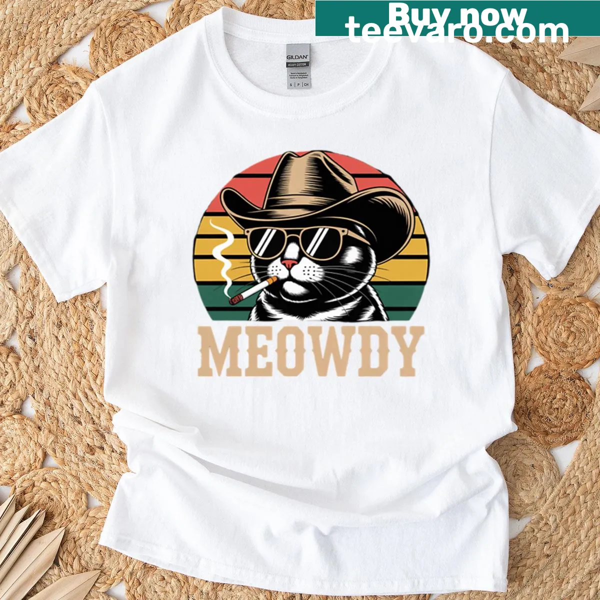Playful cowboy cat graphic with 'Meowdy Partner' text — on a men's t-shirt