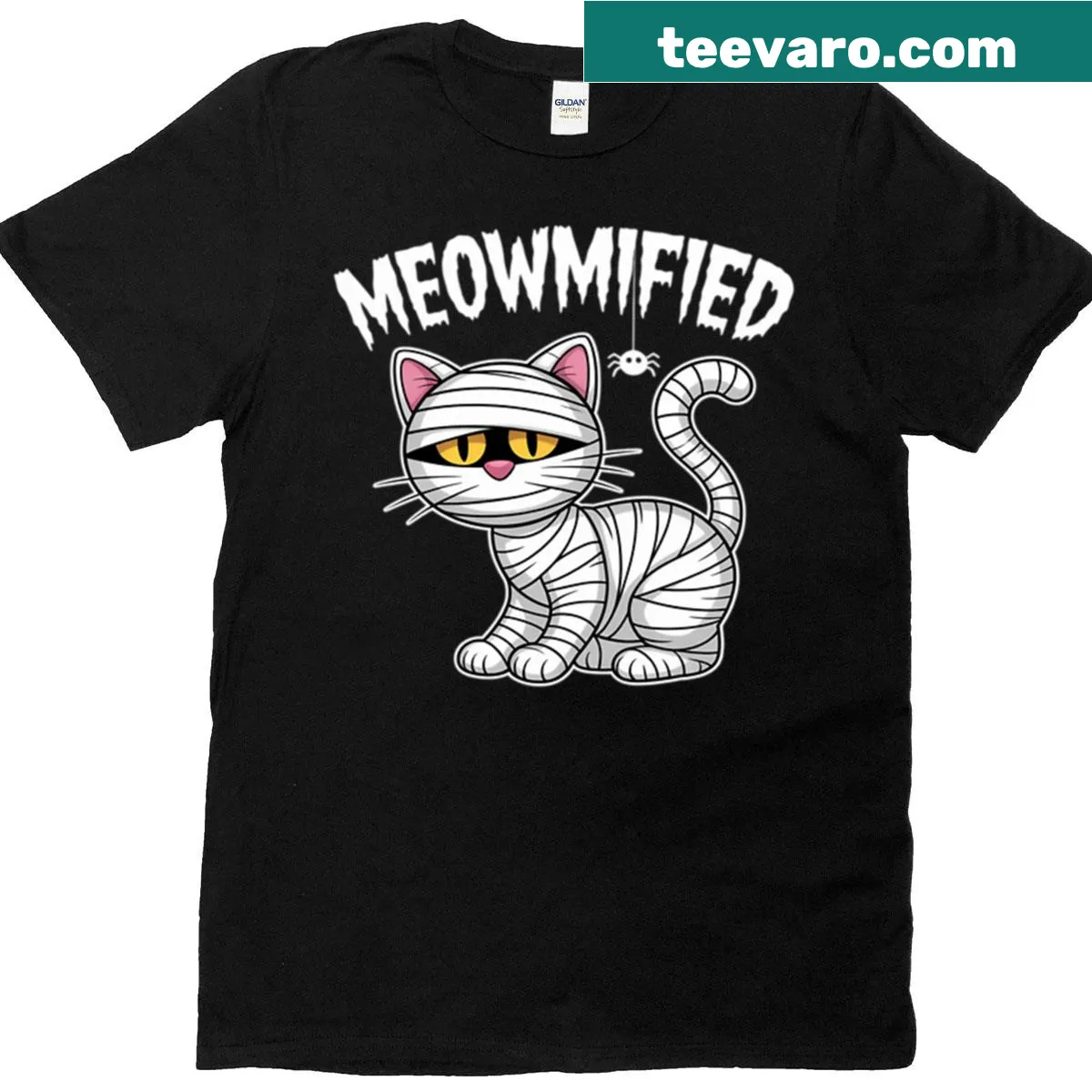 Cute Halloween T-shirt featuring a wrapped cat design — on a men's t-shirt