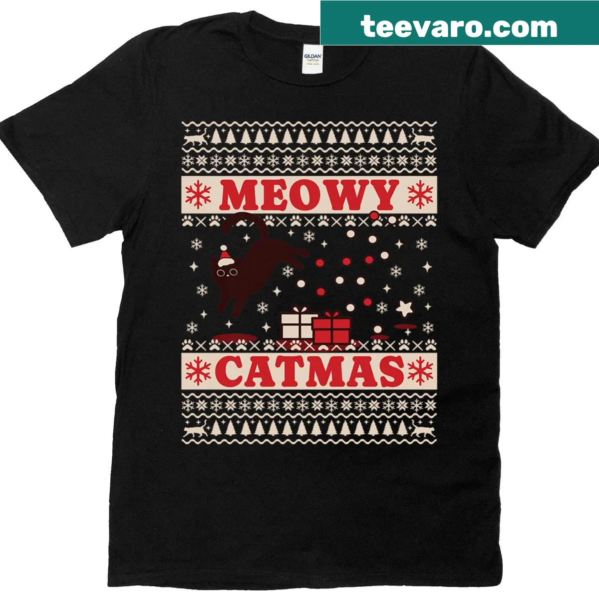 Funny Christmas t-shirt featuring a cat and Christmas tree illustration. — on a men's t-shirt