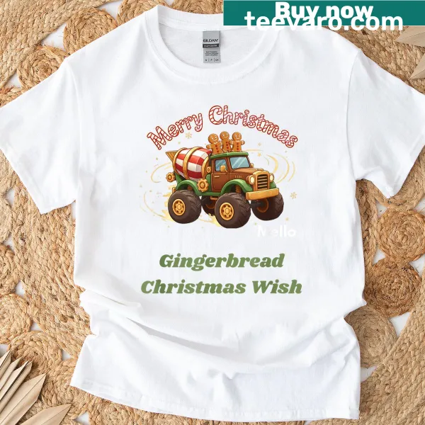 Gingerbread mixer truck graphic on a Christmas T-shirt
