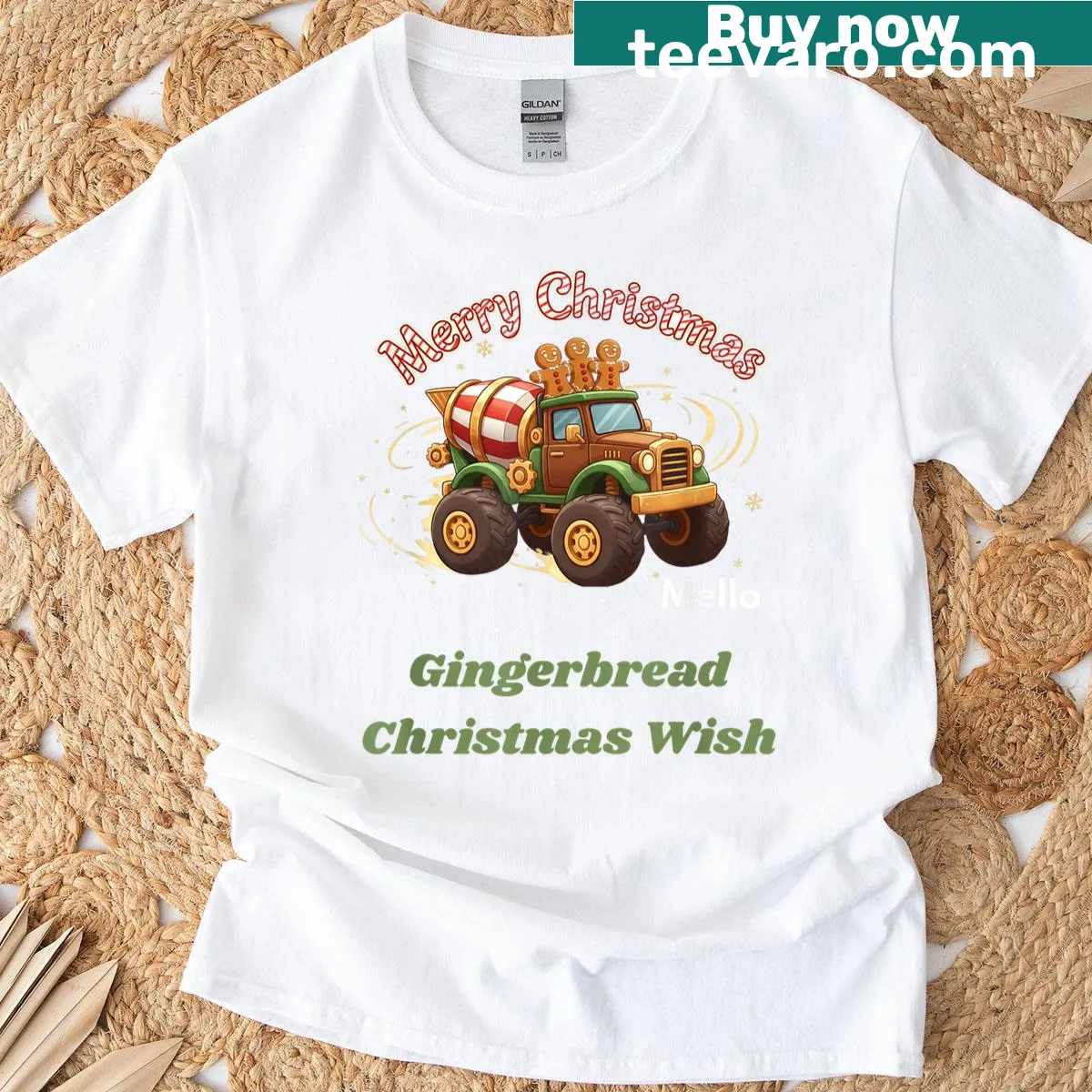 Gingerbread mixer truck graphic on a Christmas T-shirt — on a men's t-shirt
