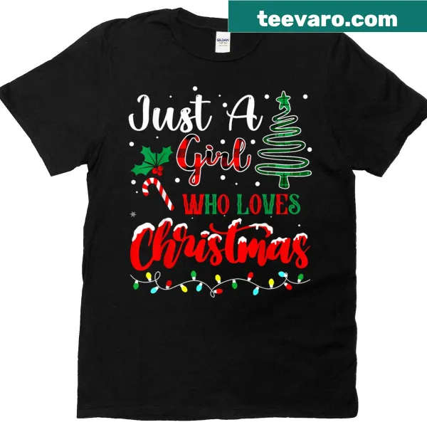 Christmas-themed illustration of a girl loving Christmas tree on a t-shirt