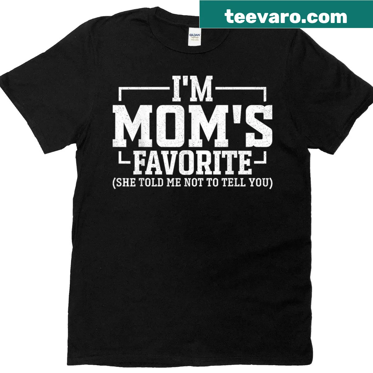 Funny t-shirt declaring mom's favorite son or daughter — on a men's t-shirt