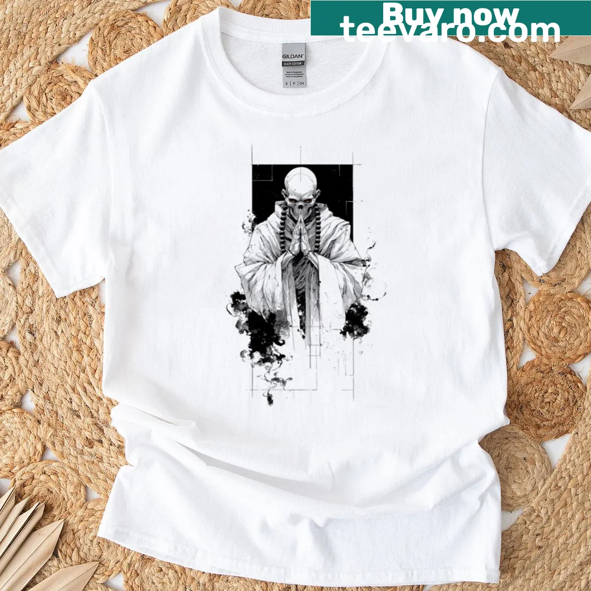 Edgy t-shirt featuring a skeleton monk design — on a men's t-shirt