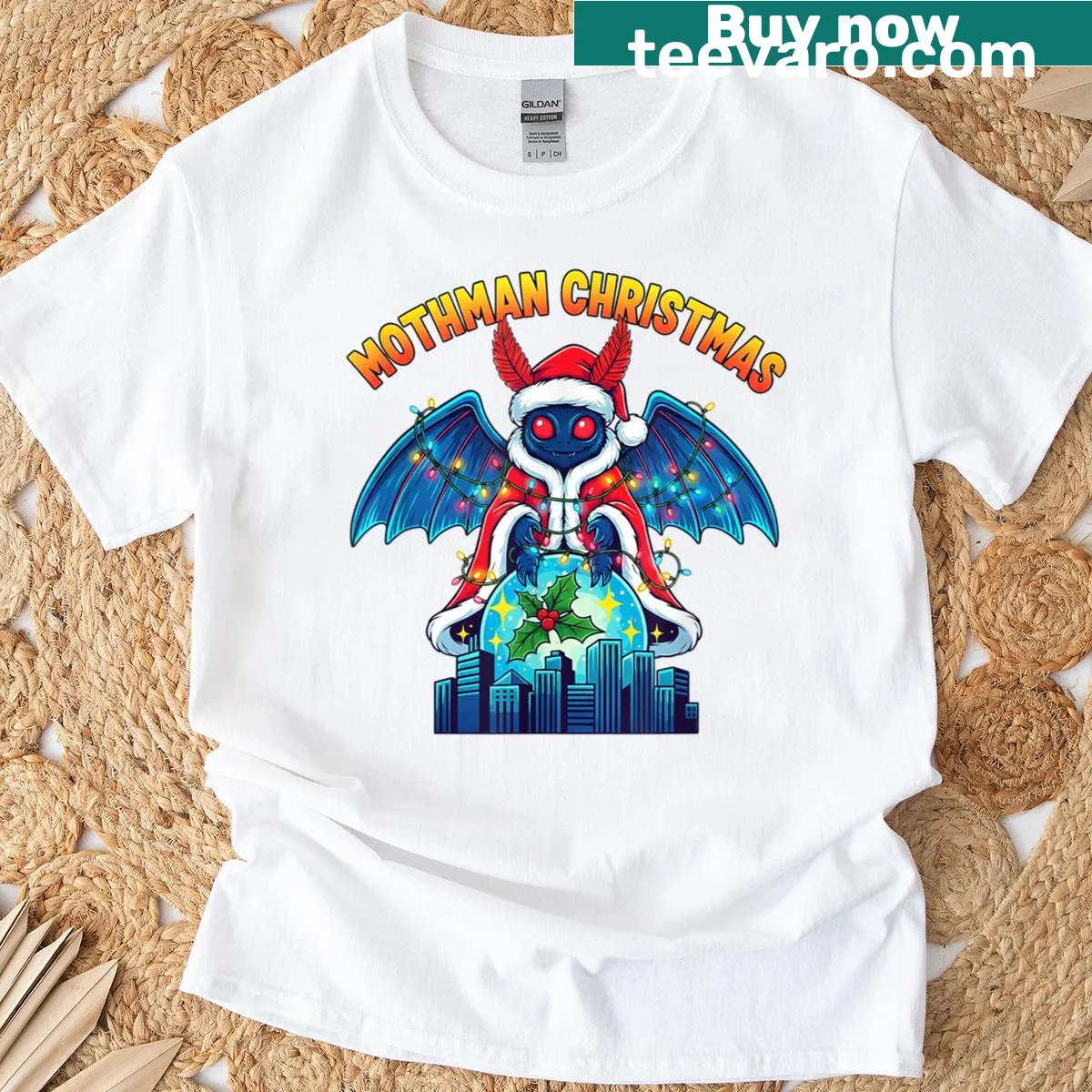 Cartoon Mothman on a Christmas tree, humorous holiday design. — on a men's t-shirt