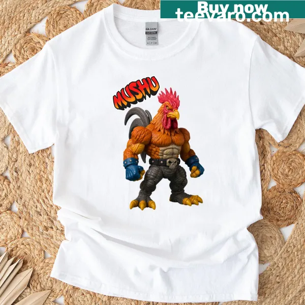 Cartoon rooster design featuring Mushu on a T-shirt
