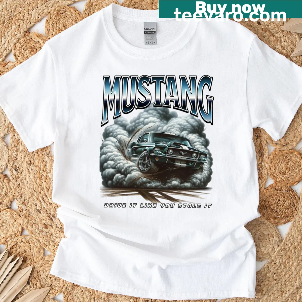 Graphic of a Mustang surrounded by smoke on a T-shirt — on a men's t-shirt