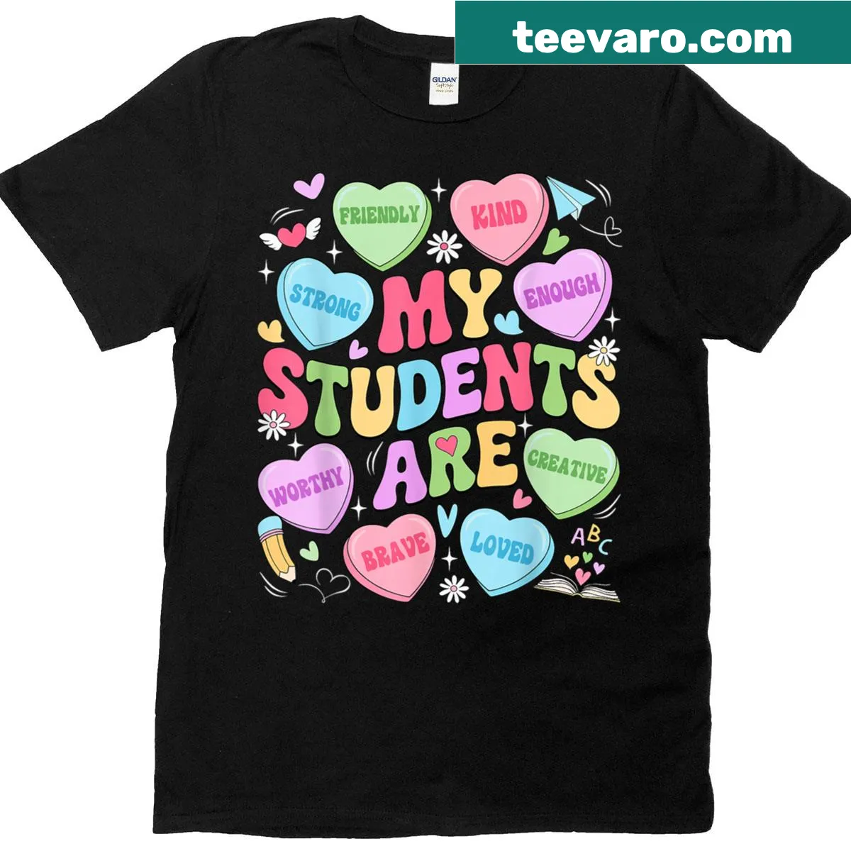 Valentine's Day teacher t-shirt celebrating strong, kind students — on a men's t-shirt