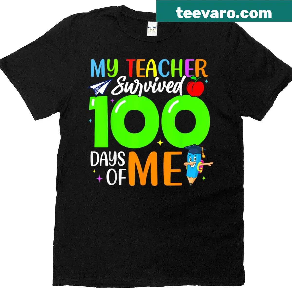 Celebratory t-shirt for teachers marking 100 days with students — on a men's t-shirt