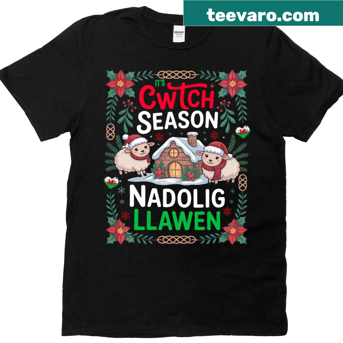 Welsh Christmas t-shirt featuring Nadolig Llawen text and warm design — on a men's t-shirt