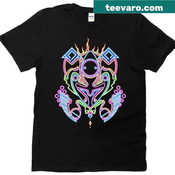 Psychedelic art t-shirt featuring neon geometric shapes.