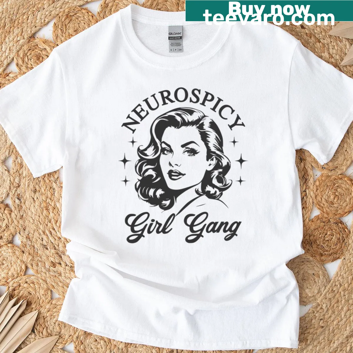 Vintage-style t-shirt featuring a pinup girl and the 'Neurospicy Girl Gang' text — on a men's t-shirt