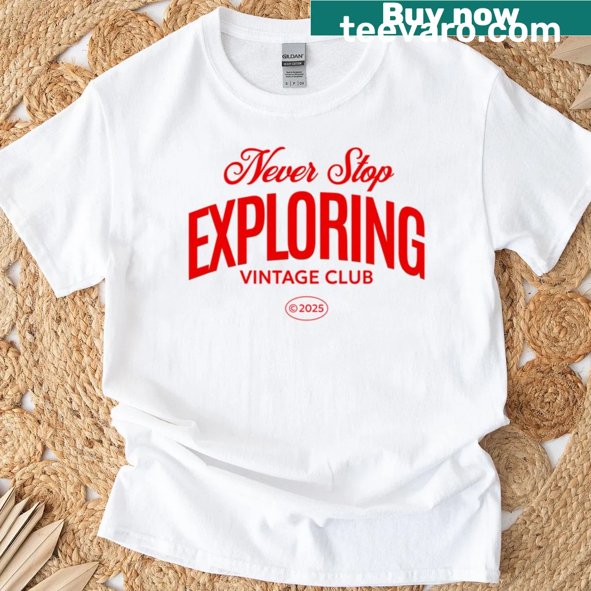 Vintage-style T-shirt with 'Never Stop Exploring' text — on a men's t-shirt