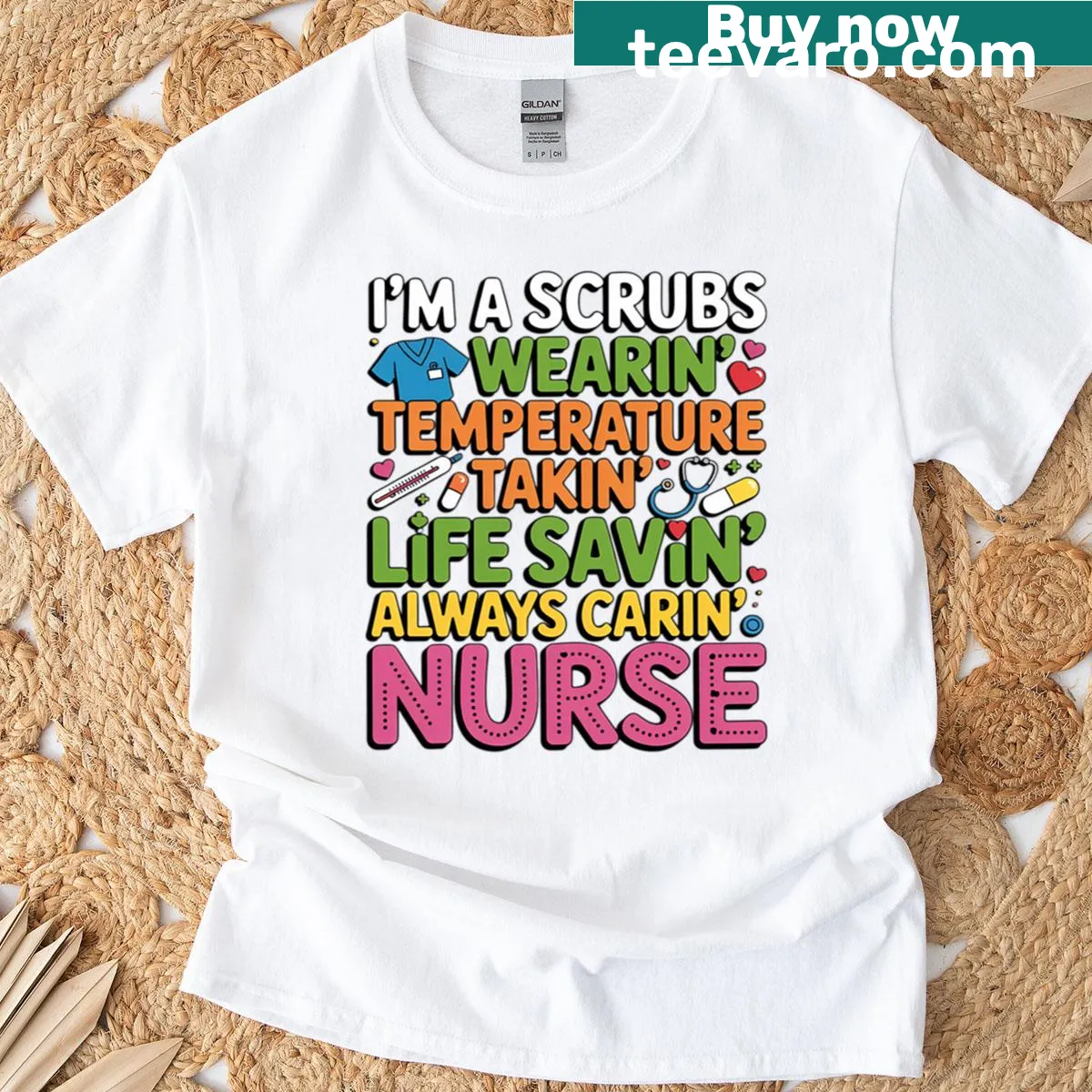 Nurse-themed t-shirt with job definition and caring message. — on a men's t-shirt
