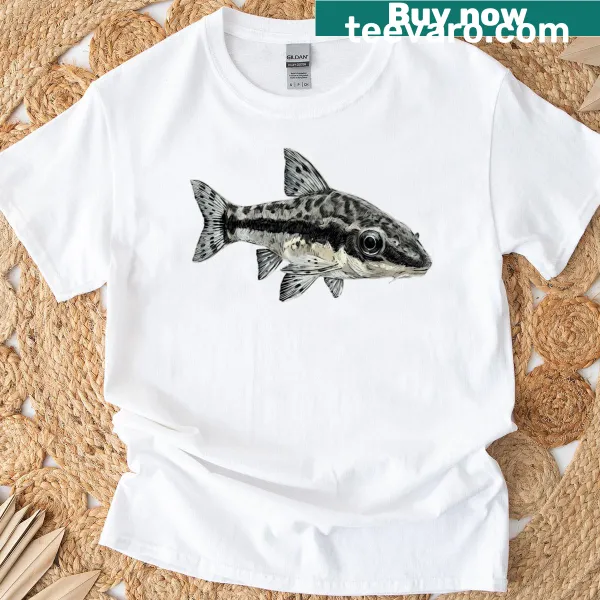 Illustration of an Otocinclus catfish on a freshwater aquarium T-shirt