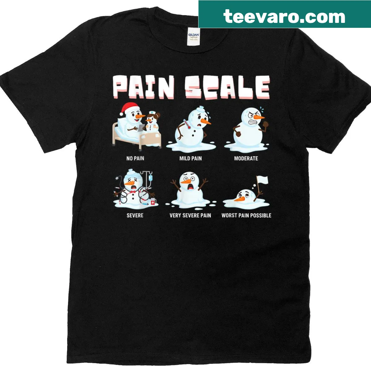 Cartoon snowman nurse graphic with pain scale on a Christmas t-shirt — on a men's t-shirt