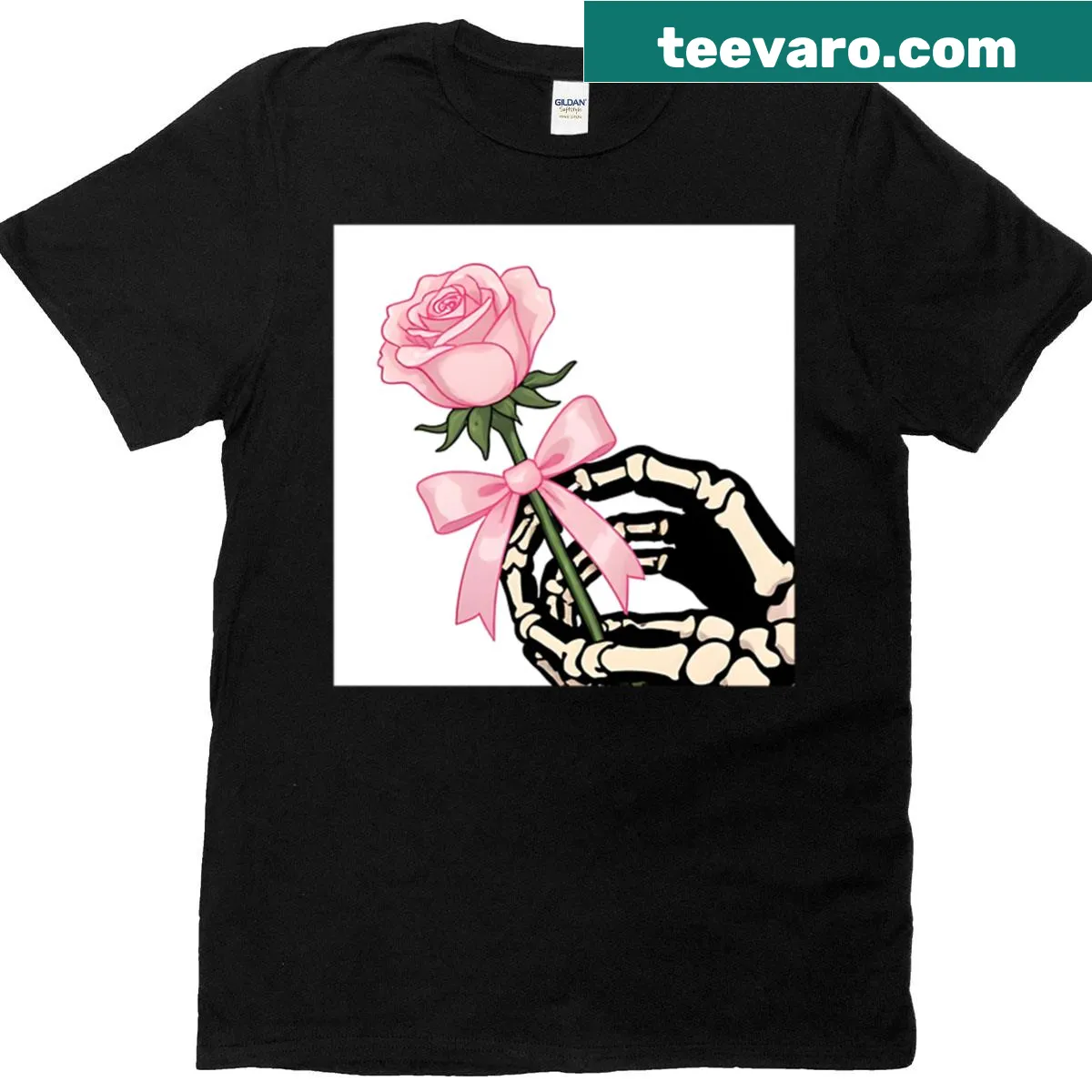 Illustrated pastel goth skeleton hand with pink bow — on a men's t-shirt