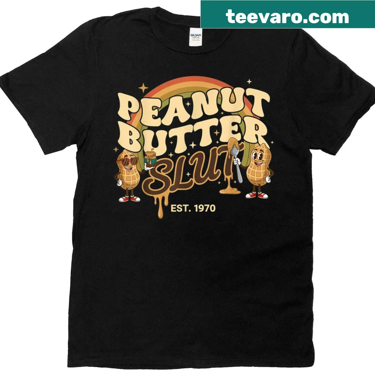 Vintage-style T-shirt with 'Peanut Butter Slut Addict' text — on a men's t-shirt