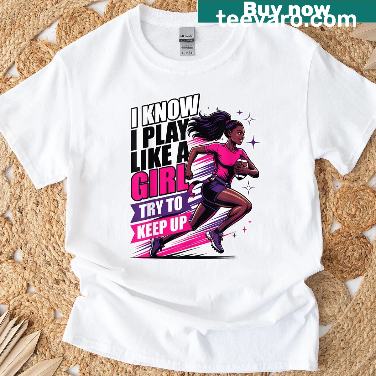 Empowering 'Play Like A Girl' flag football t-shirt design — on a men's t-shirt