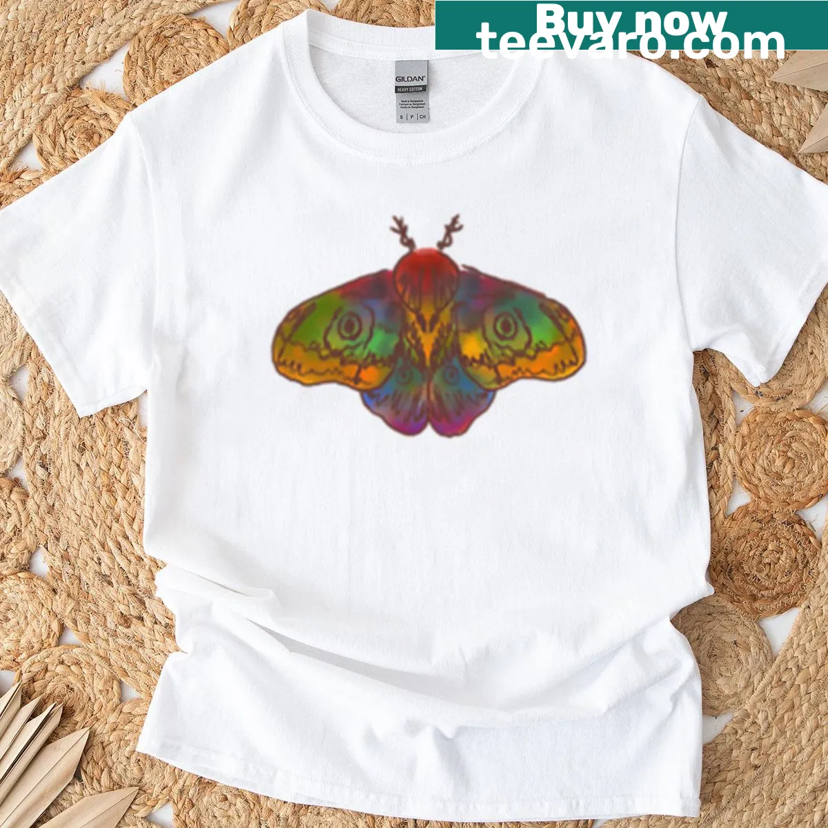 Illustrated T-shirt featuring a moth symbolizing pride and allyship — on a men's t-shirt