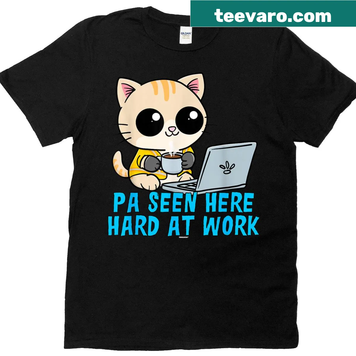 Funny work t-shirt with a kitten and the phrase 'Seen Here Hard At Work.' — on a men's t-shirt