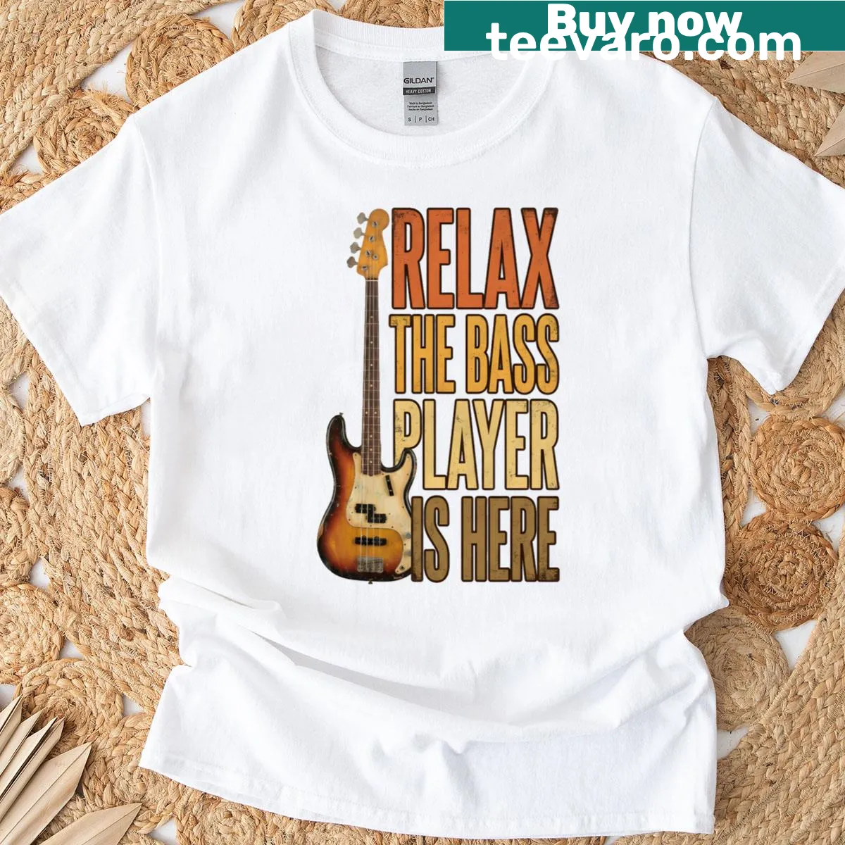 Bold text T-shirt declaring the presence of the bass player — on a men's t-shirt