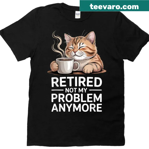 Funny retirement t-shirt with cat and coffee graphic
