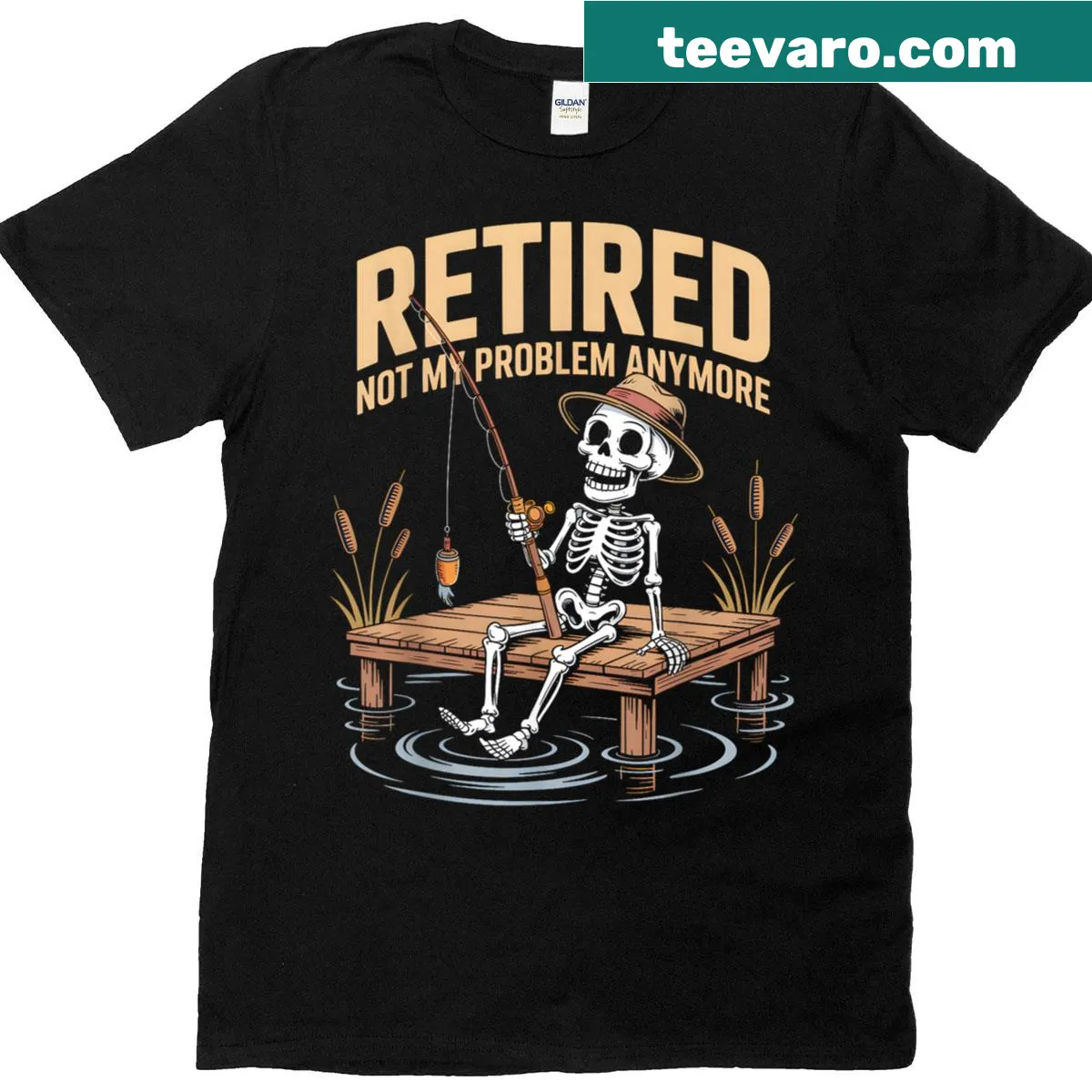 Funny retirement fishing t-shirt with skeleton at dock graphic — on a men's t-shirt