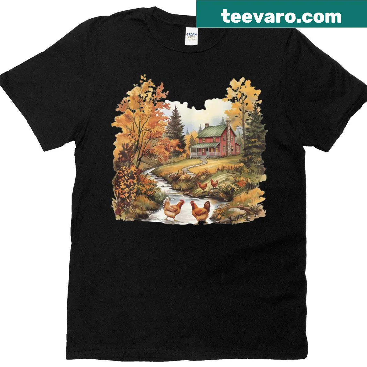 Retro chicken and red barn design t-shirt for fall — on a men's t-shirt